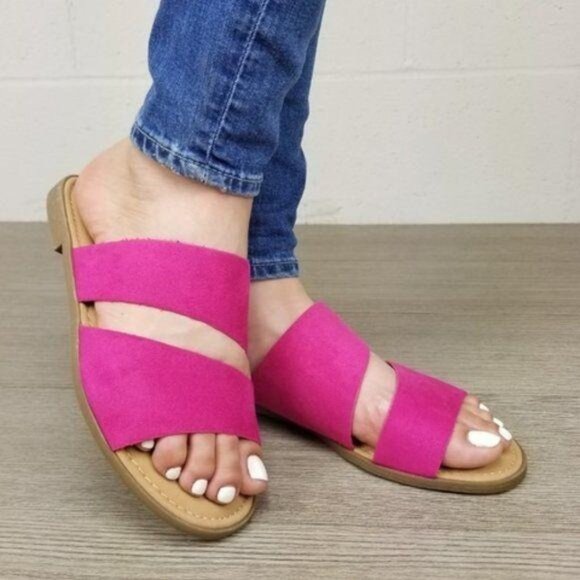 Hot Pink Vegan Suede Flat Comfort Sandals - Picture 1 of 8